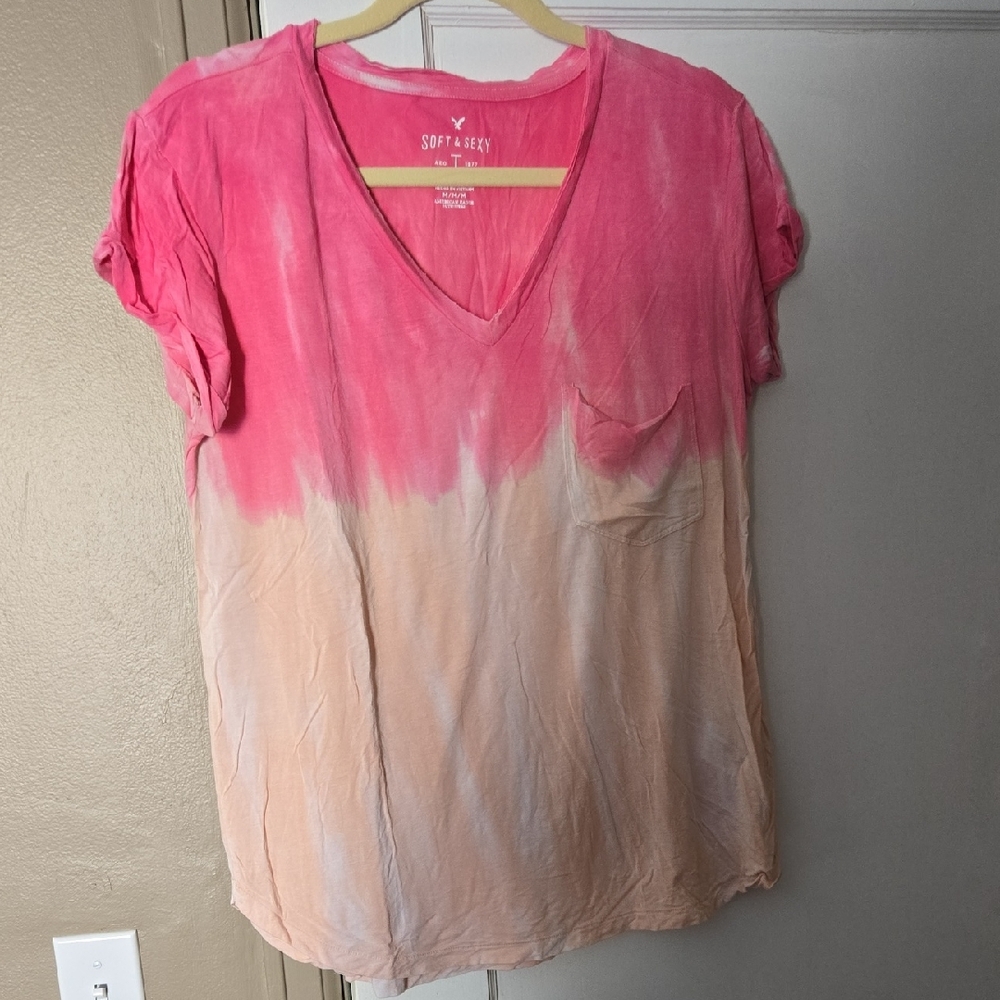 American Eagle Outfitters Pink and Cream/light Orange Short Sleeve Tee